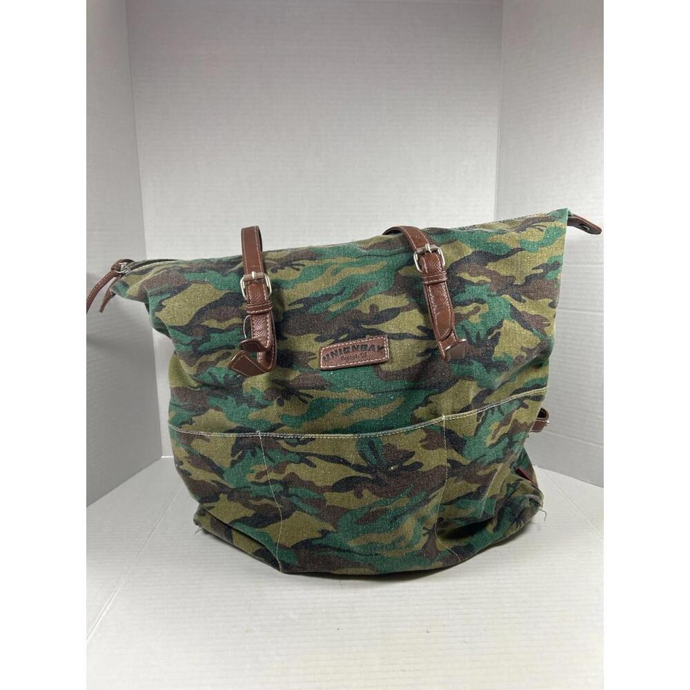 UNIONBAY Vintage Camouflage Canvas Tote Bag  Faux Leather Straps Tote Bag